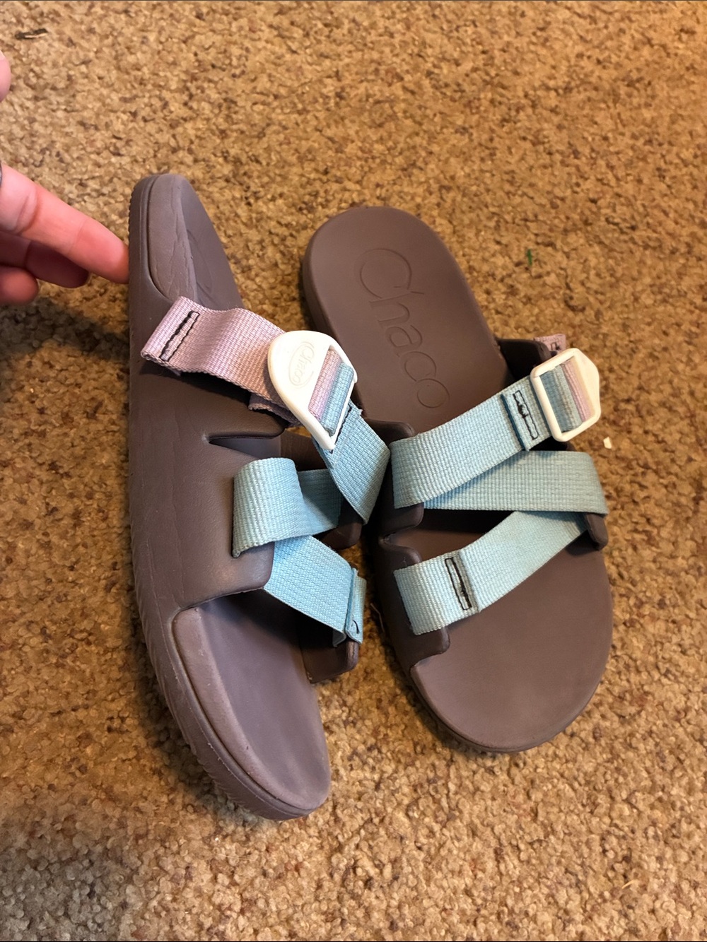 Chaco Slide Sandals in Brown and Light Blue Webbing